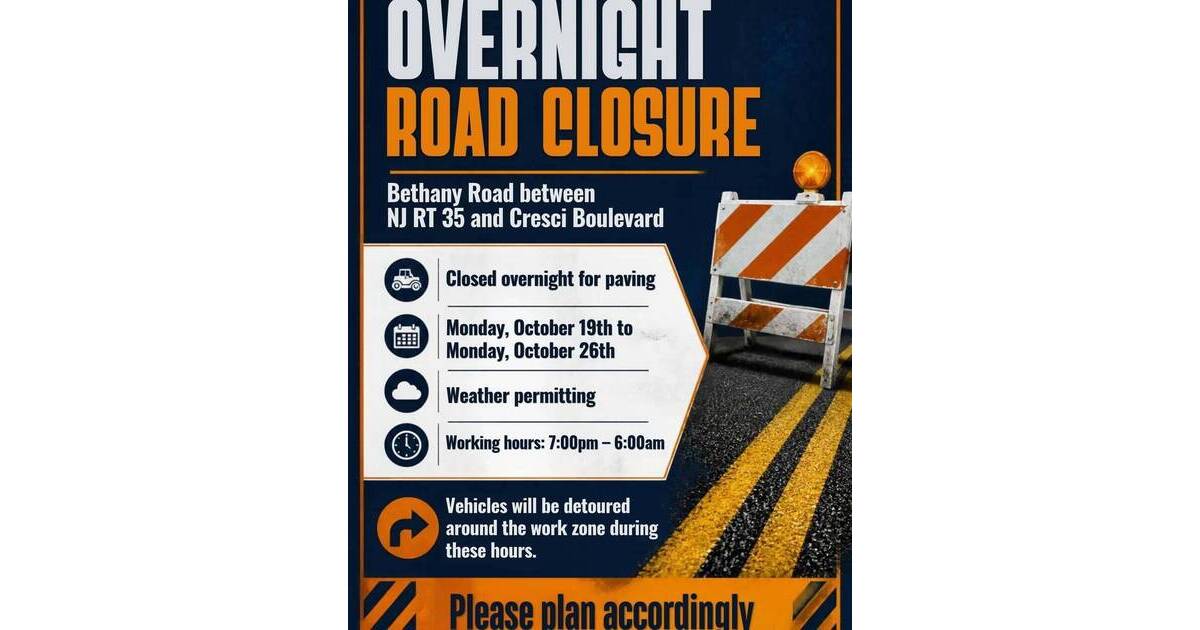 Bethany Road Closures Scheduled in Hazlet From Oct. 19-26